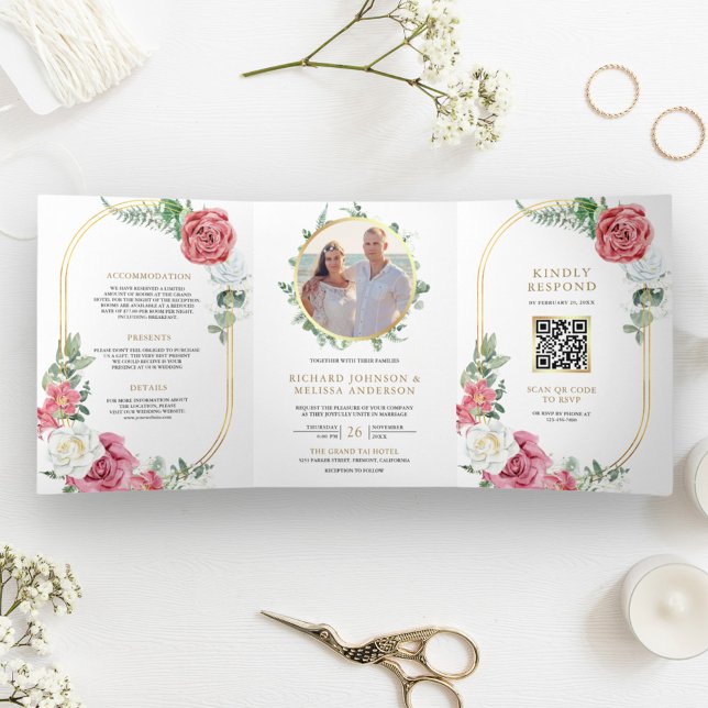 Rustic Boho Pink Roses Floral QR Code Wedding Tri-Fold Invitation (Creator Uploaded)
