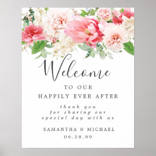Rustic Boho Pink White Floral Wedding Welcome Sign
