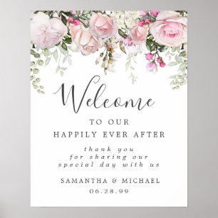 Rustic Boho Pink White Floral Wedding Welcome Sign