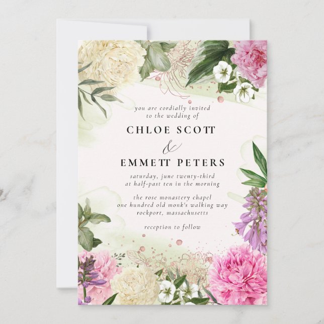 Rustic Boho Pink White Purple Floral Wedding Invitation (Front)