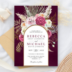 Rustic Boho Plum Floral Arch Wedding Invitation