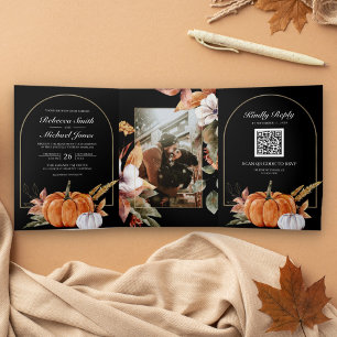 Rustic Boho Pumpkin Photo QR Code Black Wedding Tri-Fold Invitation