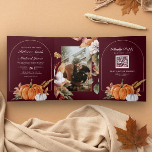 Rustic Boho Pumpkin Photo QR Code Burgundy Wedding Tri-Fold Invitation