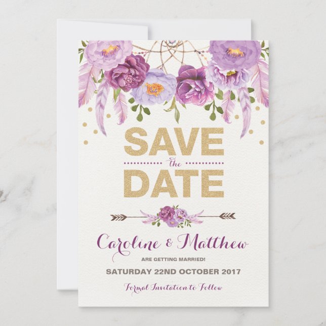 Rustic Boho Purple Gold Floral Save the Date Card (Front)