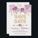 Rustic Boho Purple Gold Floral Save the Date Card<br><div class="desc">Gorgeous bohemian-inspired SAVE THE DATE card featuring rustic watercolor purple flowers with gold confetti accents</div>