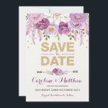 Rustic Boho Purple Gold Floral Save the Date Card<br><div class="desc">Gorgeous bohemian-inspired SAVE THE DATE card featuring rustic watercolor purple flowers with gold confetti accents</div>