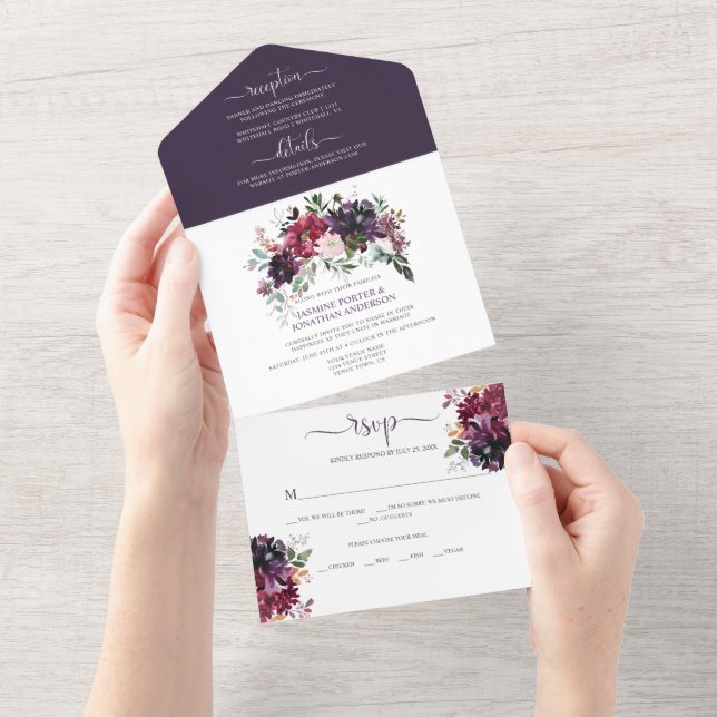 Rustic Boho Purple Plum Pink Red Floral Wedding  All In One Invitation (Tearaway)