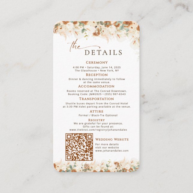 Rustic Boho QR Code Wedding Details Card  (Front)