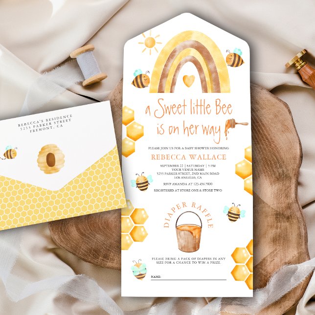 Rustic Boho Rainbow Sweet Little Bee Baby Shower All In One Invitation (Creator Uploaded)