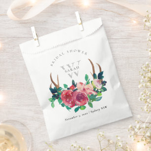 Rustic Boho Red Floral Stag Antlers Bridal Shower Favour Bag