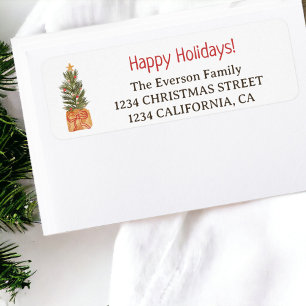 Rustic Boho Red Watercolor Christmas Tree Return Address Label