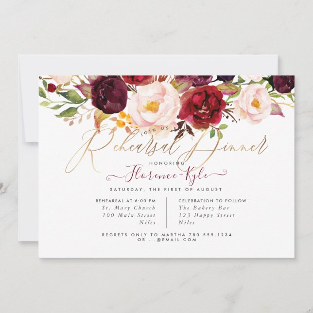 Rustic Boho Rehearsal Dinner Marsala Blush Peonies Invitation (Front)