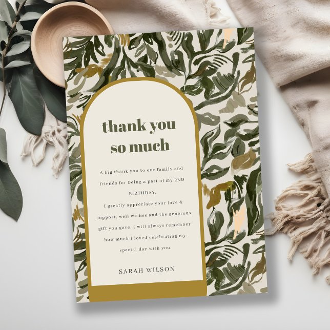 Rustic Boho Retro Arch Green Botanical Birthday Thank You Card (Creator Uploaded)