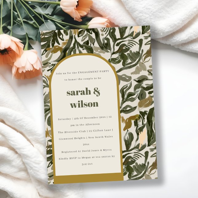 Rustic Boho Retro Arch Green Botanical Engagement Invitation (Creator Uploaded)
