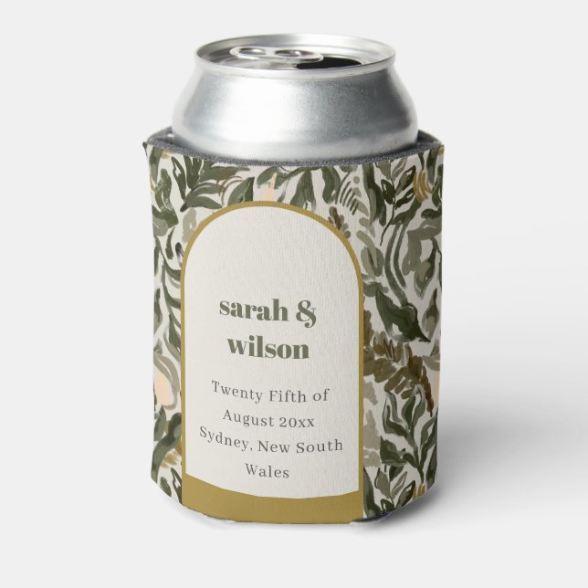 Rustic Boho Retro Arch Green Botanical Wedding Can Cooler (Can Back)