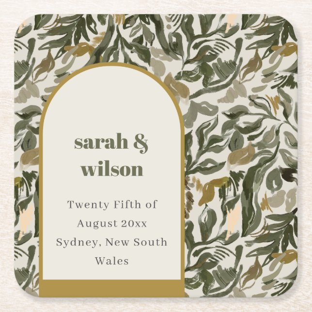 Rustic Boho Retro Arch Green Botanical Wedding Square Paper Coaster (Front)
