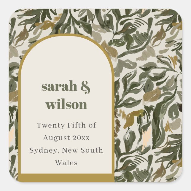 Rustic Boho Retro Arch Green Botanical Wedding Square Sticker (Front)