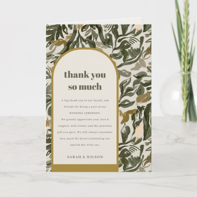 Rustic Boho Retro Arch Green Botanical Wedding Thank You Card (Front)