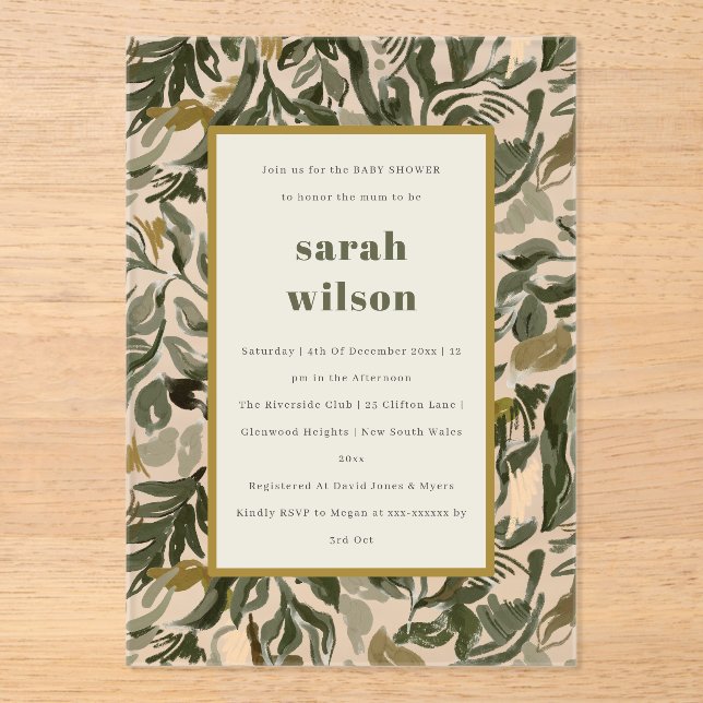 Rustic Boho Retro Green Botanical Baby Shower Acrylic Invitations (Front)