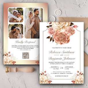 Rustic Boho Rose Gold Ivory Floral QR Code Wedding Invitation