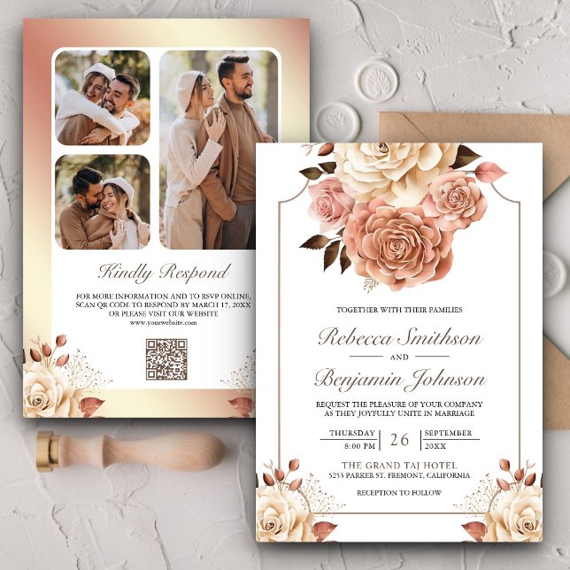 Rustic Boho Rose Gold Ivory Floral QR Code Wedding Invitation (Creator Uploaded)