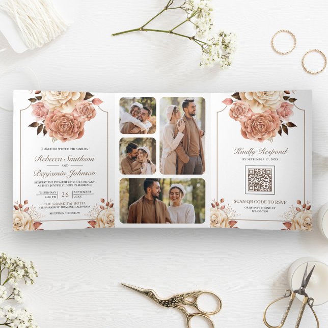 Rustic Boho Rose Gold Ivory Floral QR Code Wedding Tri-Fold Invitation (Creator Uploaded)