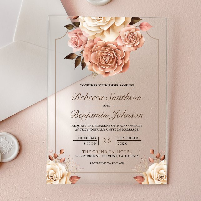 Rustic Boho Rose Gold Ivory Floral Wedding Acrylic Invitations (Creator Uploaded)