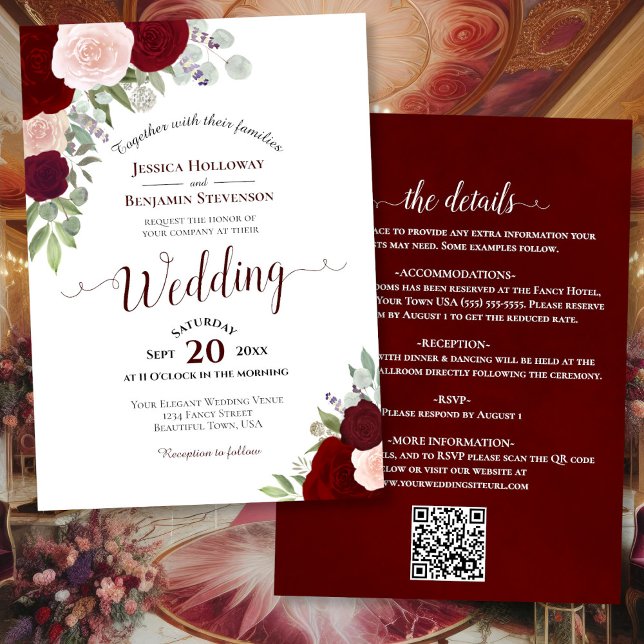 Rustic Boho Roses Burgundy Blush QR Code Wedding Invitation (Front/Back)