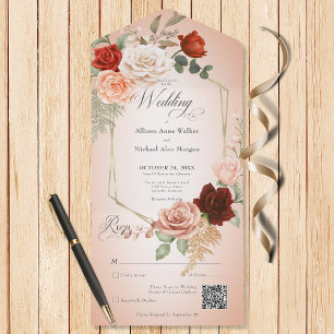 Rustic Boho Rust Peach Floral Frame Blush QR Code All In One Invitation