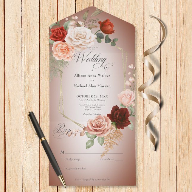 Rustic Boho Rust Peach Floral Frame Rust No Dinner All In One Invitation (Also available with a QR code or with dinner selection options.)