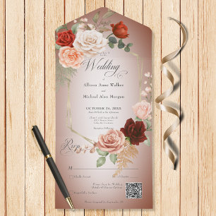 Rustic Boho Rust & Peach Floral Frame Rust QR Code All In One Invitation