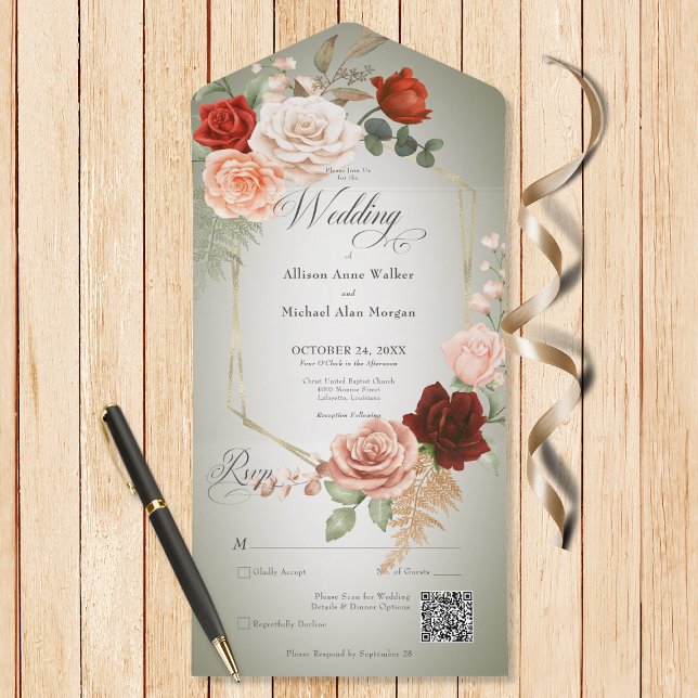 Rustic Boho Rust & Peach Floral Frame Sage QR Code All In One Invitation (Also available without a QR code; with or without dinner selection options.)