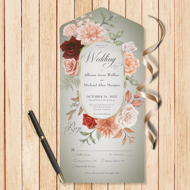 Rustic Boho Rust & Peach Floral Oval Sage Dinner All In One Invitation (Also available with a QR code or without dinner options.)