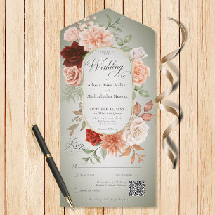 Rustic Boho Rust & Peach Floral Oval Sage QR Code All In One Invitation