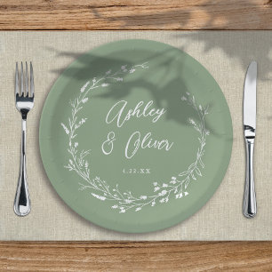 Rustic Boho Sage Green Wildflower Floral Wedding Paper Plate