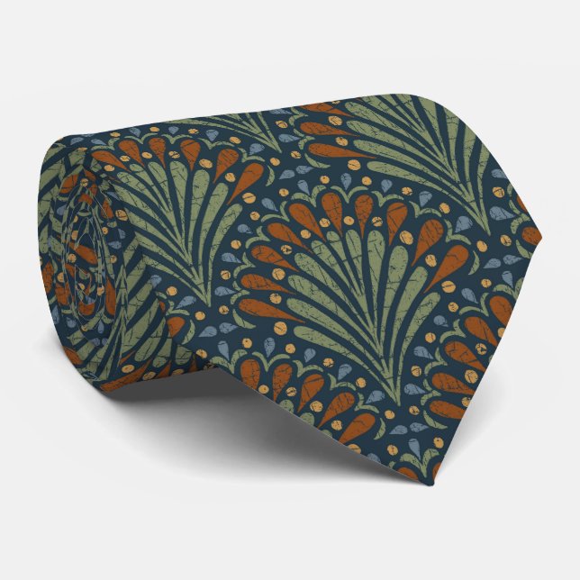 Rustic Boho Scallop, Rust, Sage on Navy Tie (Rolled)
