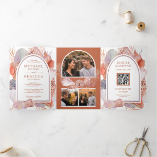 Rustic Boho Seashells Nautical QR Code Wedding Tri-Fold Invitation