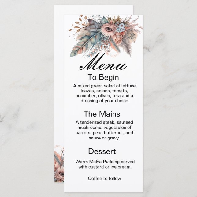Rustic Boho Silver & Pink Floral Wedding Menu (Front/Back)