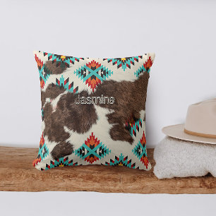 Rustic Boho Southwestern Cowhide Aztec Pattern  Cushion