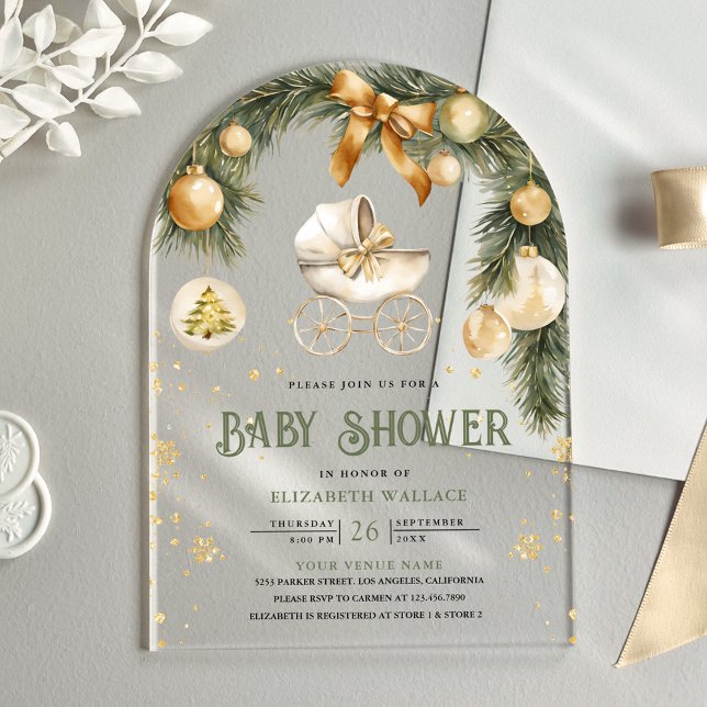 Rustic Boho Stroller Winter Christmas Baby Shower Acrylic Invitations (Creator Uploaded)