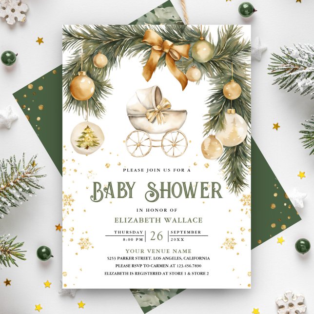Rustic Boho Stroller Winter Christmas Baby Shower Invitation (Creator Uploaded)