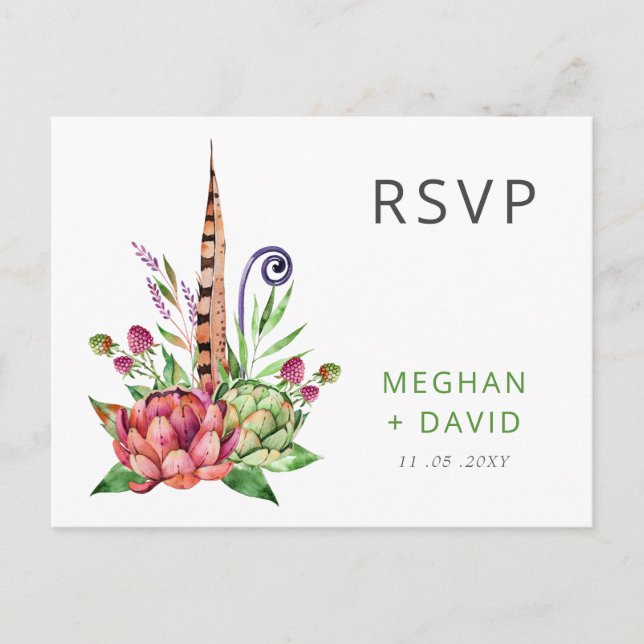 Rustic Boho Succulent Cactus Greenery Wedding RSVP Invitation Postcard (Front)