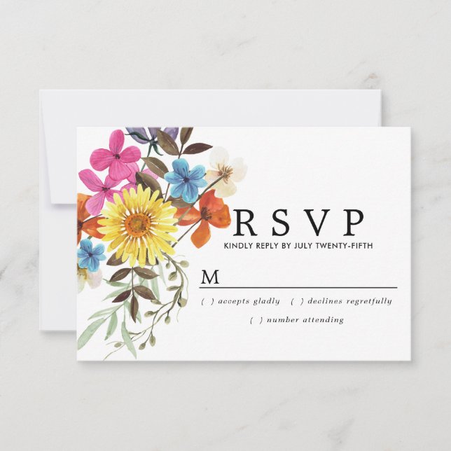 Rustic Boho Summer Wlidflower Wedding RSVP Card (Front)