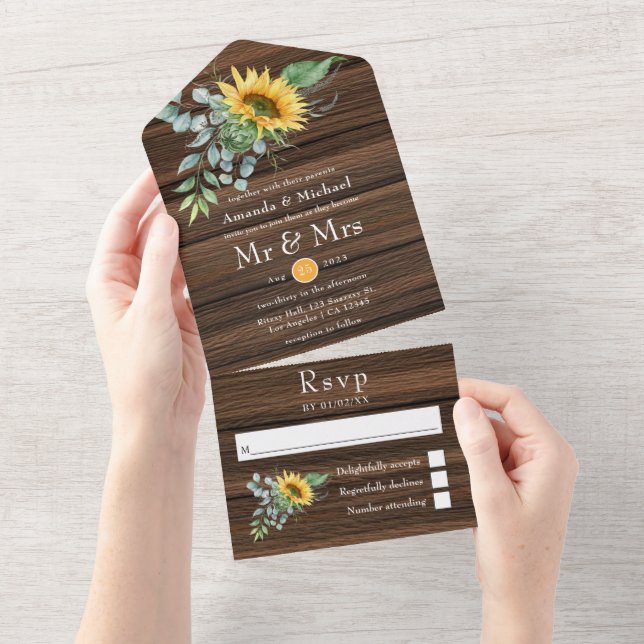 Rustic Boho Sunflower Eucalyptus Garden Wedding All In One Invitation (Tearaway)