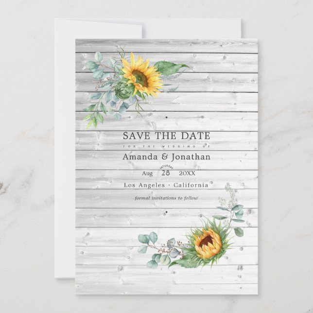 Rustic Boho Sunflower Eucalyptus Wedding Photo Save The Date (Front)