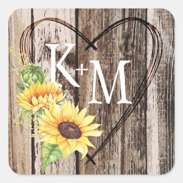 Rustic Boho Sunflower Heart Monogram Wedding Square Sticker (Front)
