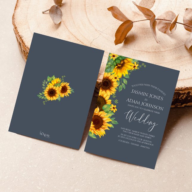 Rustic Boho Sunflower Navy Wedding Invitation (Rustic Yellow and Navy Blue Sunflower Boho Wedding Invitation)