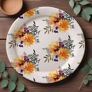 Rustic Boho Sunflower & Wildflower Watercolor Paper Plate