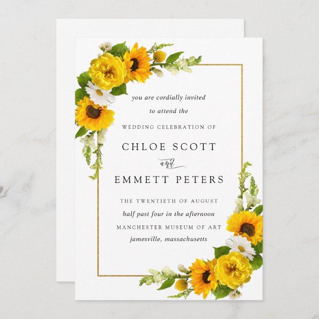 Rustic Boho Sunflower Yellow Summer Floral Wedding Invitation (Front/Back)