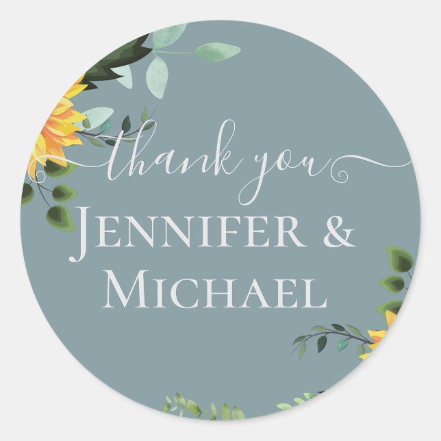 Rustic BOHO Sunflowers Greenery Wedding Classic Round Sticker (Front)